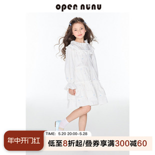 opennunu女童甜美白色连衣裙中大童木耳边娃娃领宽松显瘦公主裙