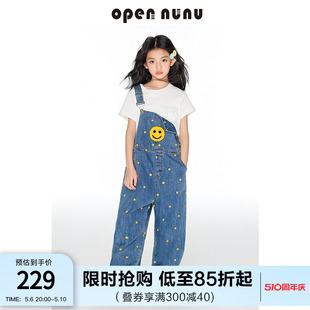 opennunu女童复古笑脸背带裤春季新品潮流宽松阔腿直筒显瘦牛仔裤