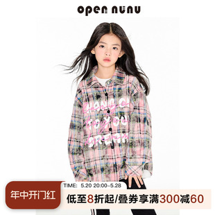 opennunu女童美式印花长袖衬衫春秋新款儿童格子衬衣微磨毛外套