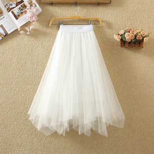 韩国白色不规则半身裙纱裙女夏季新款高腰显瘦蓬蓬裙中长款网纱裙