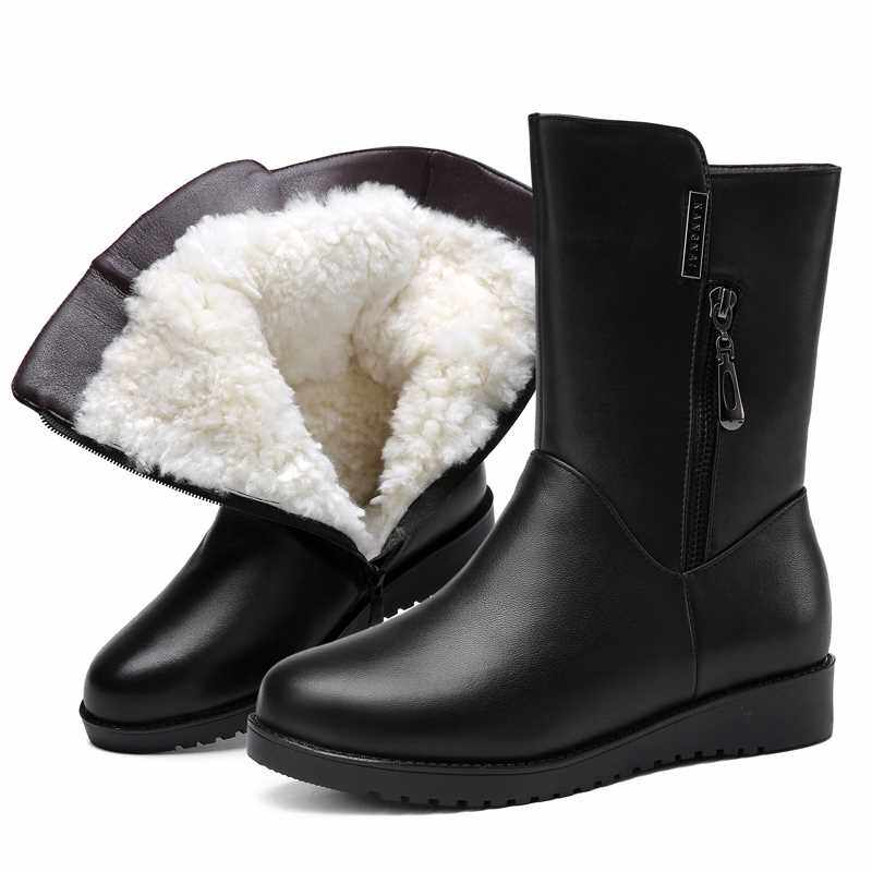 新品冬季保暖羊毛短靴加绒妈妈棉鞋女士真皮棉靴女式棉皮鞋中筒靴