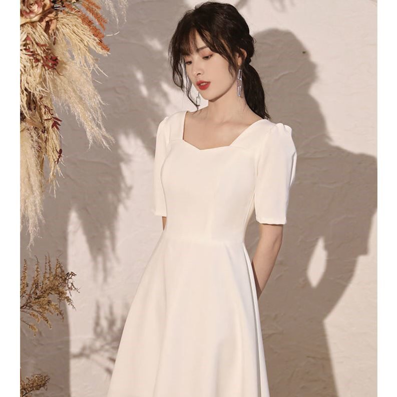 白色小晚礼服女宴会气质平时w可穿日常伴娘简单大方法式简约连衣