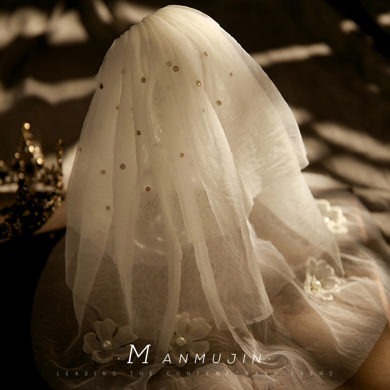 超仙多层软网香槟色头纱新娘结婚写真
