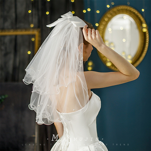 新娘登记领证小头纱蝴蝶结珍珠头饰求婚旅拍照道具双层短款头纱白