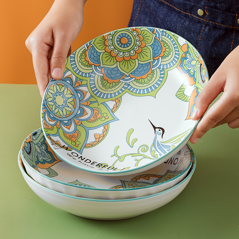 千顺陶瓷餐具4个装曼陀罗简约菜盘子创意家用碟子釉下彩圆盘餐盘