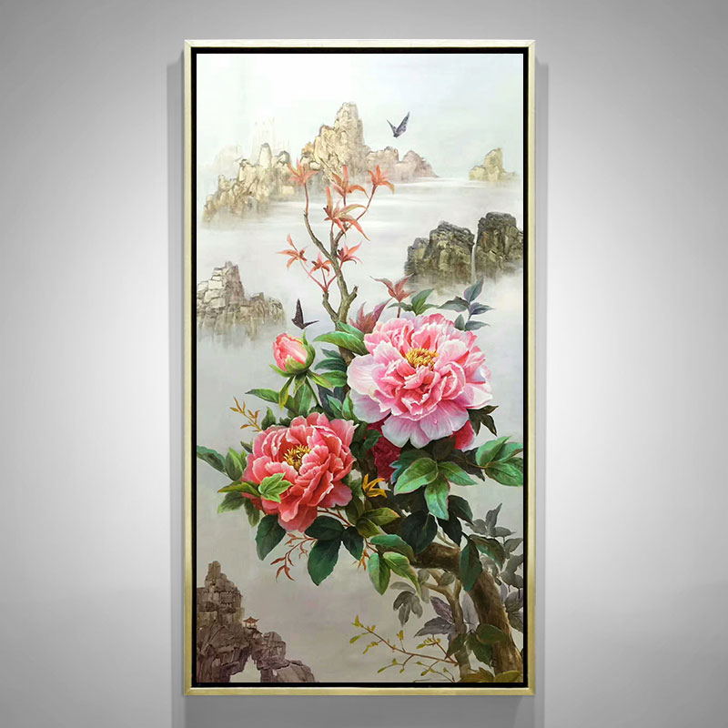 客厅装饰画牡丹新中式手绘油画玄关竖版美式挂画酒店别墅走廊壁画