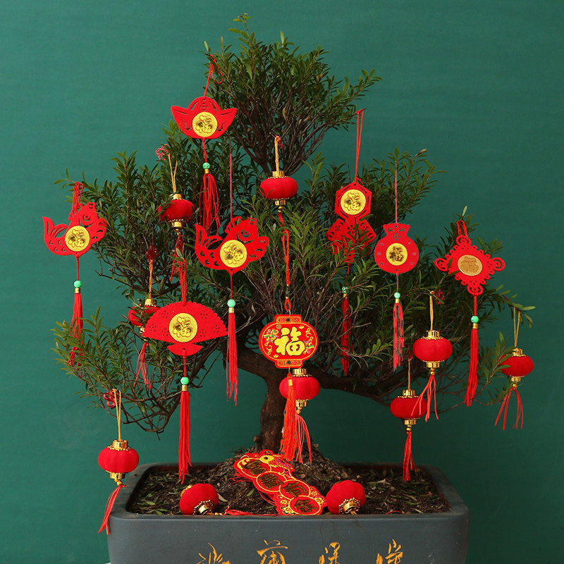 红灯笼植绒小灯笼元旦挂饰树上挂件盆景室内户外乔迁春节装饰布置