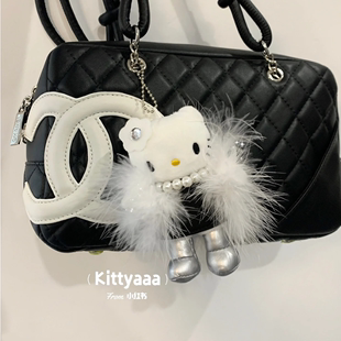 白皮草hellokitty毛绒公仔包包挂件小饰品哈喽黑皮书包hallo挂饰