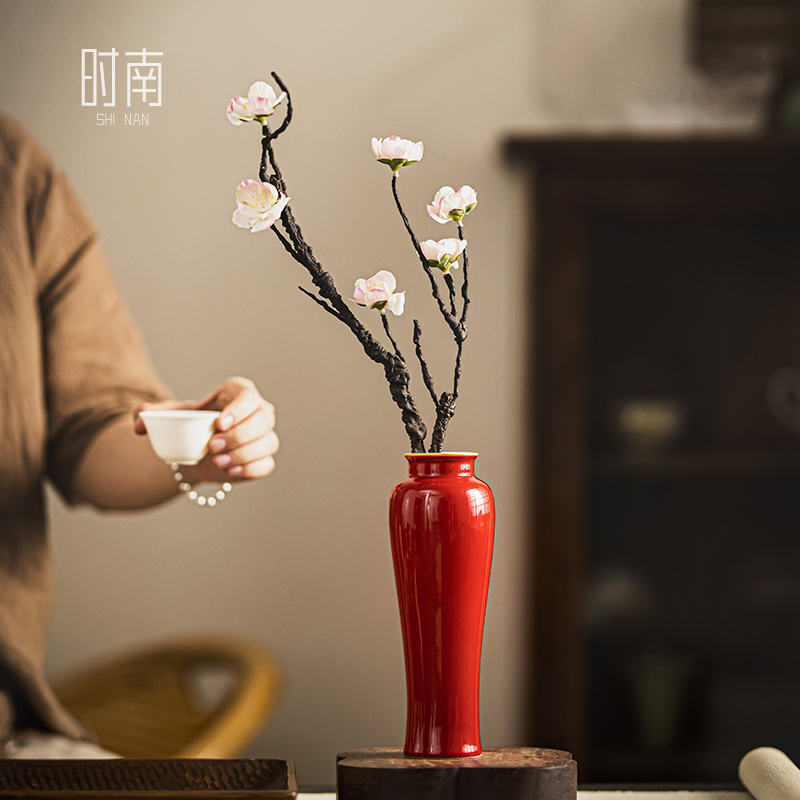 新中式仿宋红色陶瓷小花瓶瓷器插花客厅茶几茶桌茶台禅意古风摆件