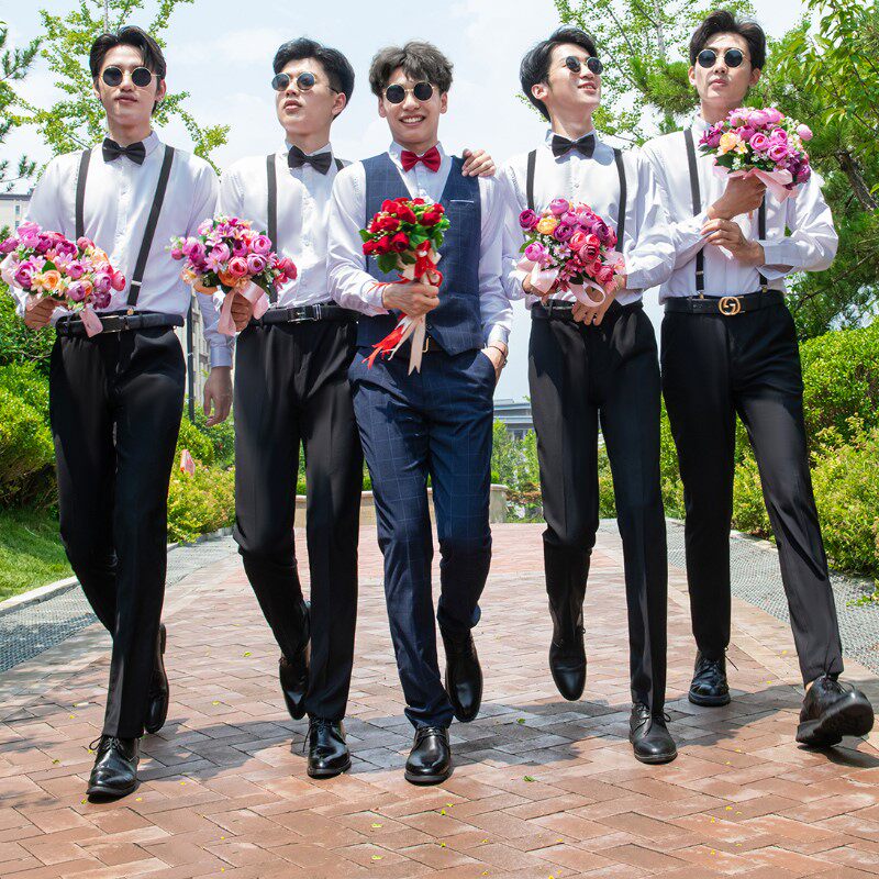 伴郎服兄弟装接亲团服衬衫背带裤马甲套装西式男新郎结婚礼服春秋