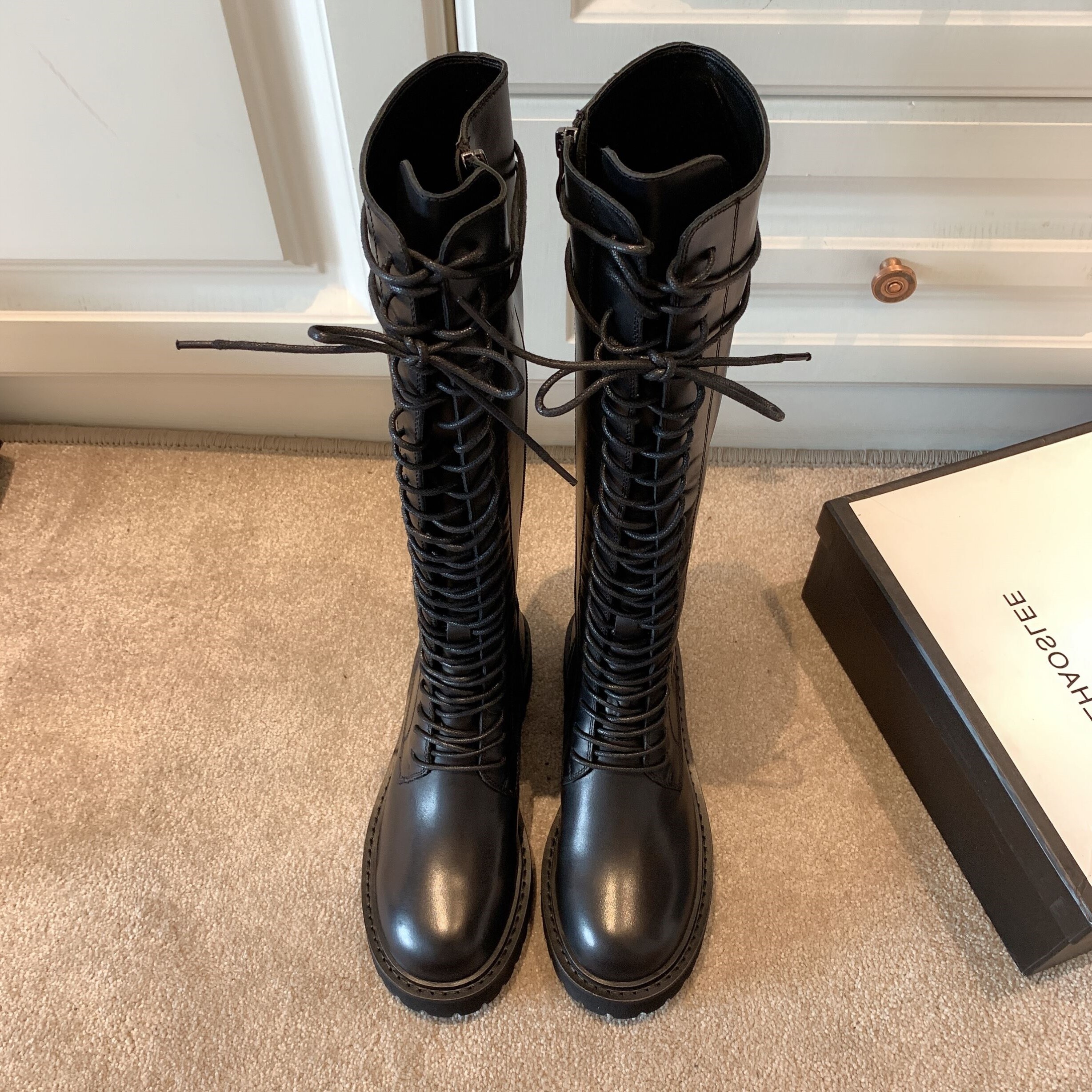 ann骑士靴女真皮系带高筒长靴2021秋冬新款长筒马丁靴不过膝靴子