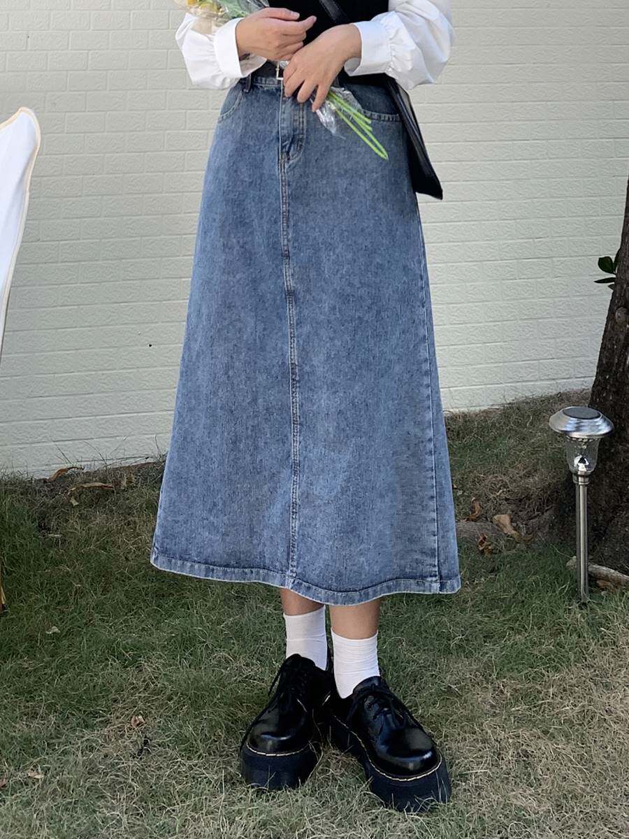 安妮不火牛仔裙女2021早秋新款高腰包臀显瘦中长款大码a字半身裙