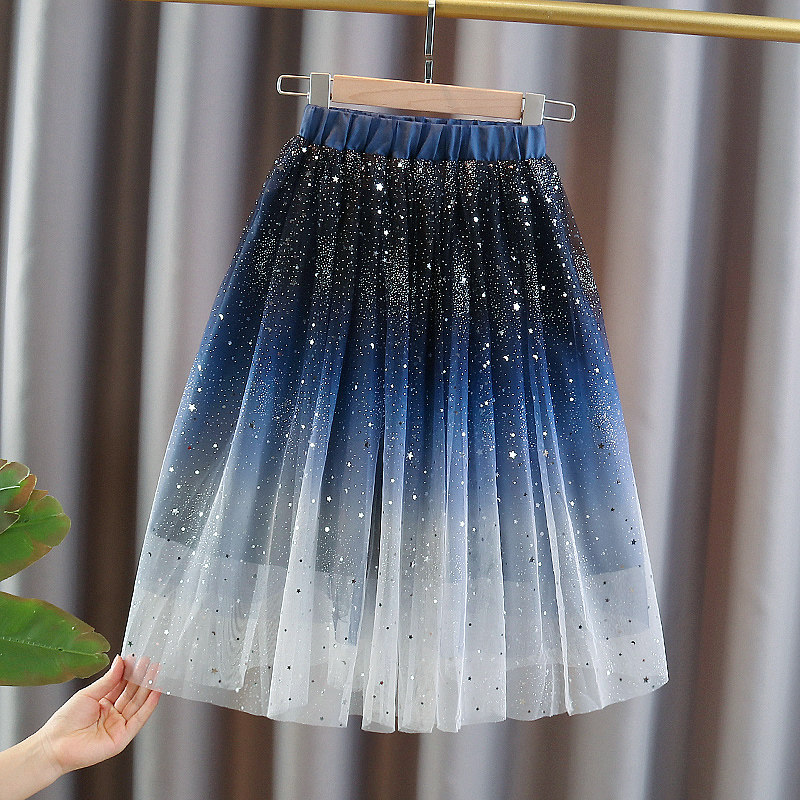 女大童夏季星空网纱半身裙新款儿童夏天蓝色半截裙女孩蓬蓬纱裙子