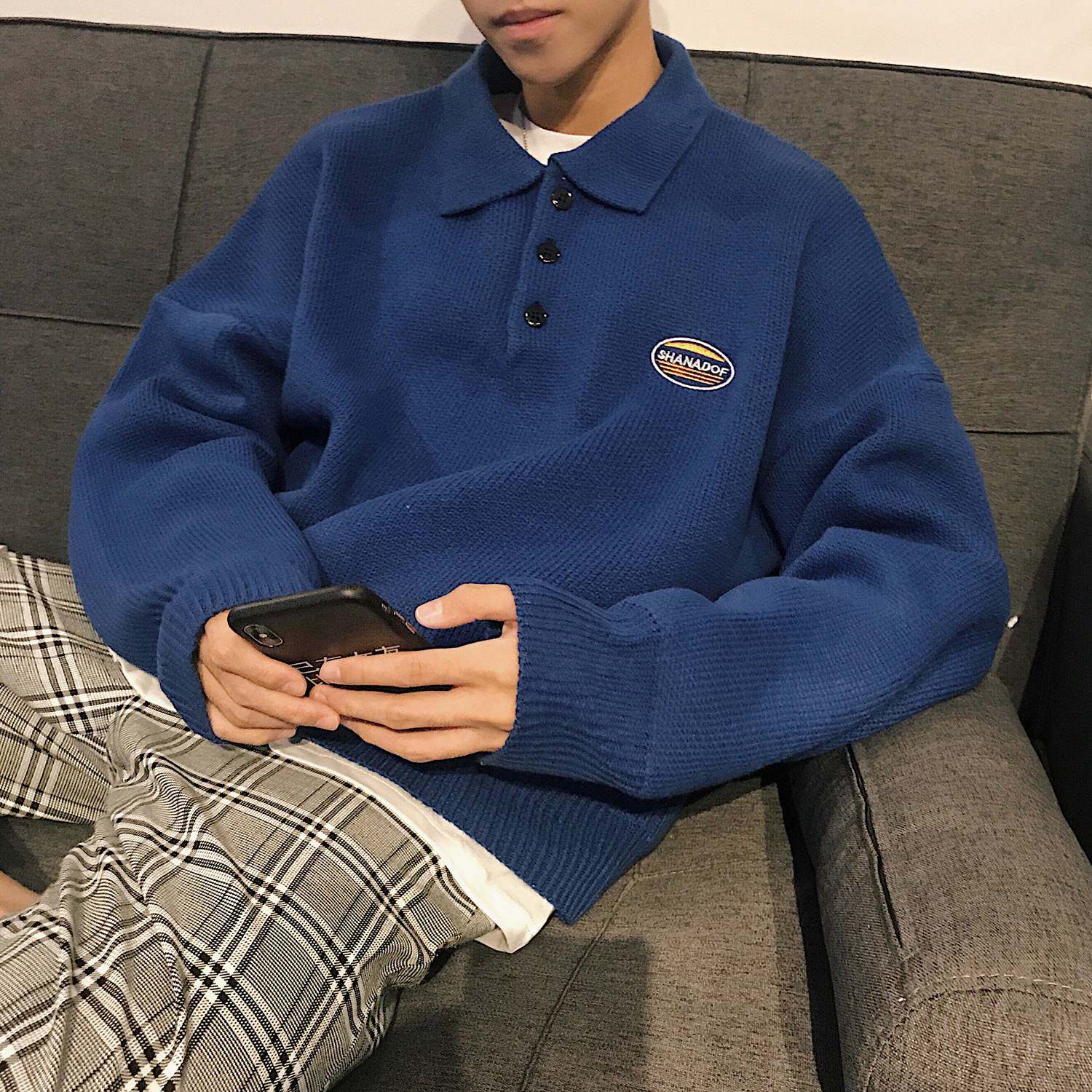 克莱因蓝翻领毛衣男秋冬ins港风polo领针织衫内搭翻领毛线衣外套