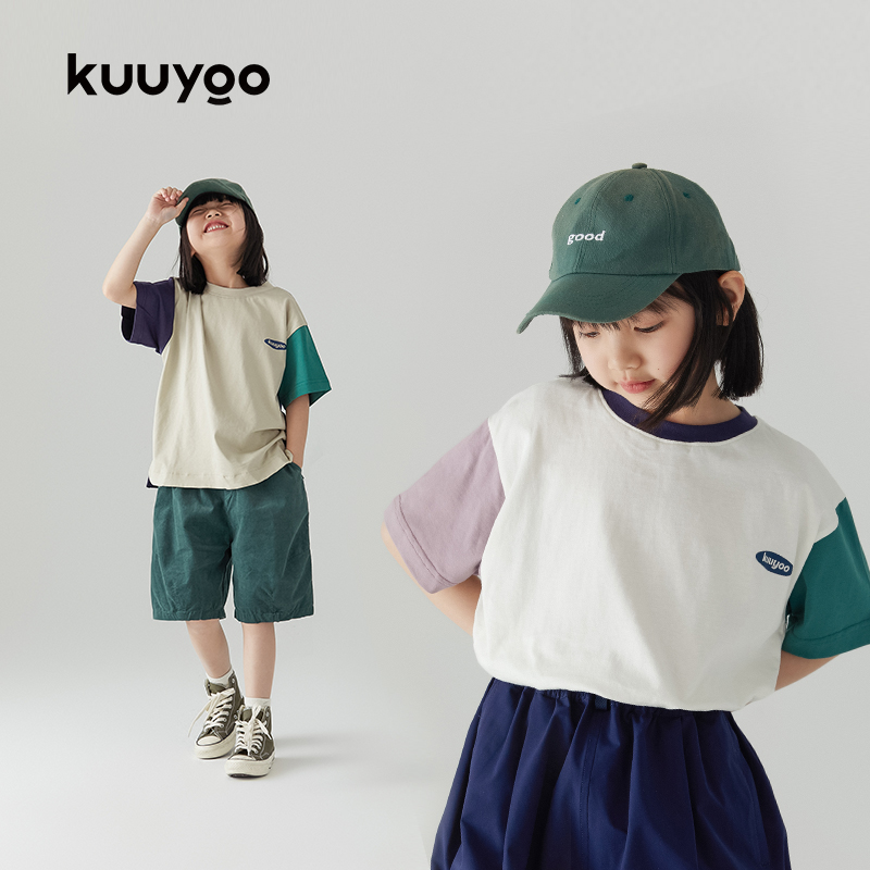KUUYOO原创潮牌女童拼色短袖T恤夏季小童女孩打底衫纯棉圆领上衣