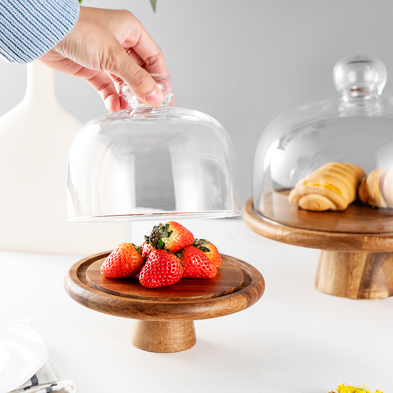 相思木玻璃罩点心盘实木DIY蛋糕水果甜品展示台摆件防尘耐高温
