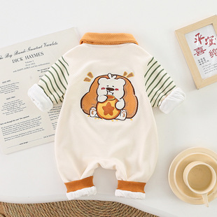 男宝可爱小熊连体衣条纹拼接袖2024年春季新款爬服婴儿长袖外出服