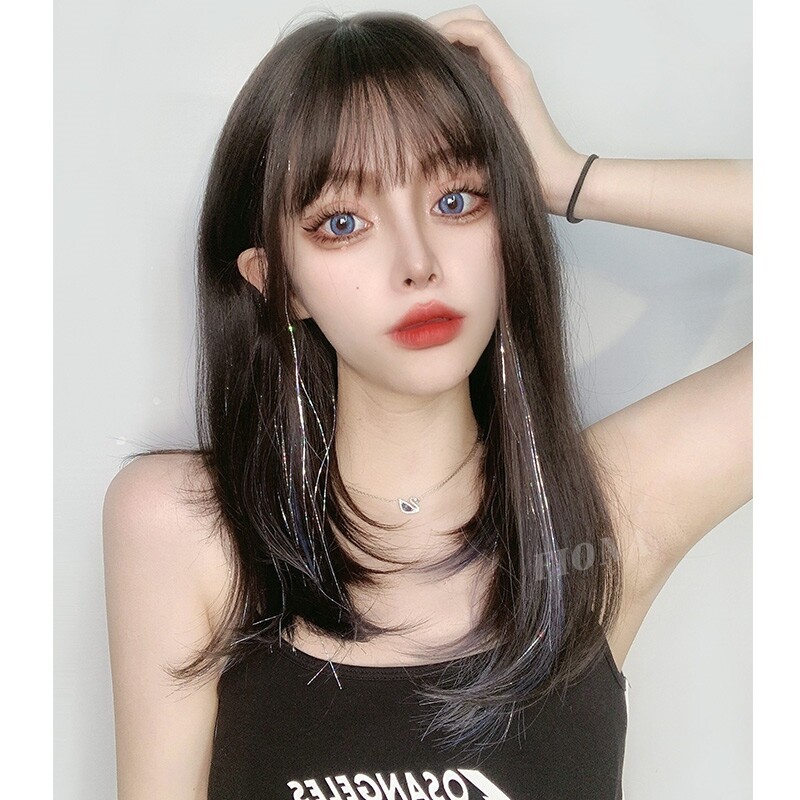 假发女中短发内扣齐肩发型挑染炫彩金丝中长发自然圆脸整顶假发