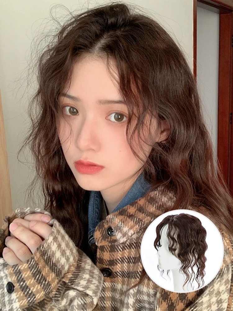 全真发假发女羊毛卷发片头顶头发稀少补发空气八字刘海卷发假发片