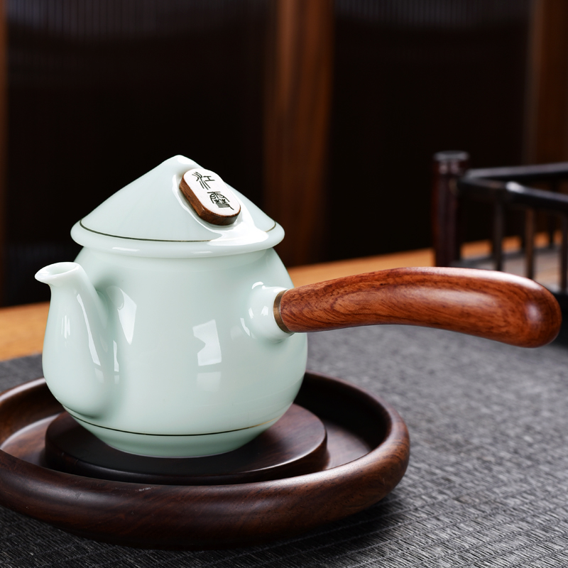 羊脂玉青瓷功夫茶具木侧把茶壶陶瓷泡红茶专用单壶配盖大容量家用