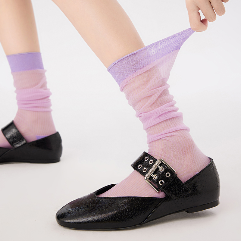 上森派系紫色堆堆袜子女夏季薄款丝袜中筒袜女夏天配小皮鞋冰冰袜