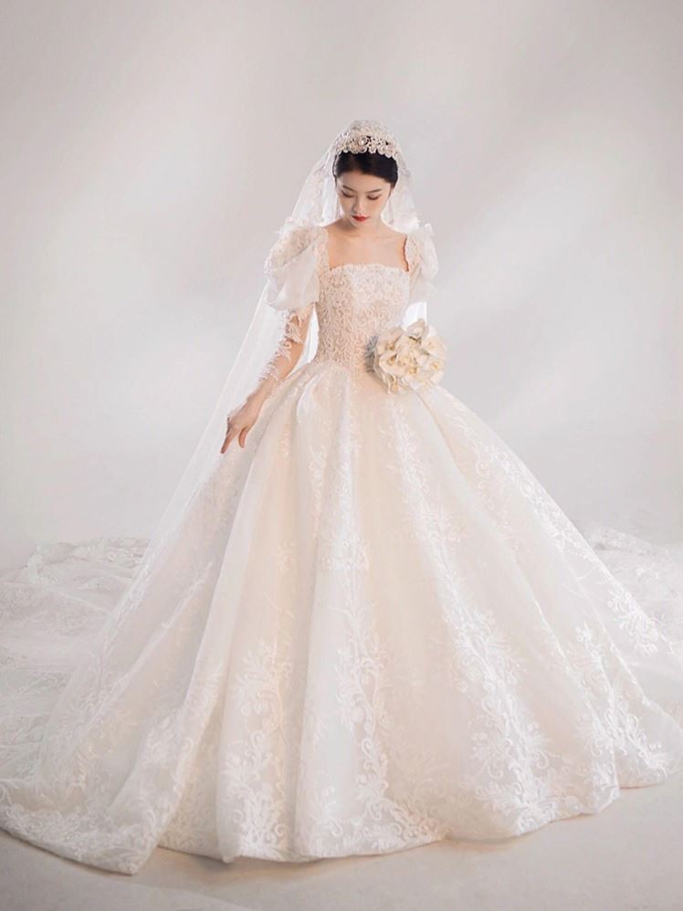 过年结婚典礼婚纱白纱r新娘主婚纱轻奢法式长袖公主风小个子定制