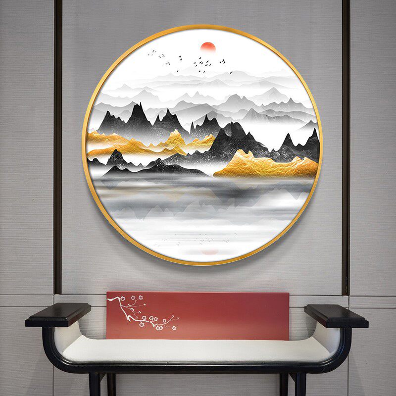 新款圆形客厅山水画新中式轻奢入户画走廊过道壁画餐厅挂画玄关装