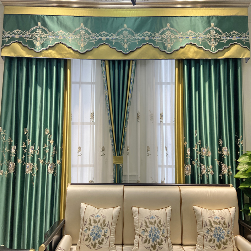 新中式墨绿色绣花客厅卧室遮光成品定制窗帘复古奢华书房绣花纱