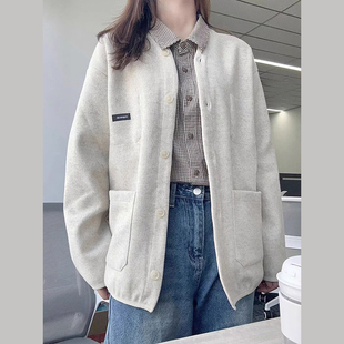 美式灰色复古夹克外套女春秋季2024新款小个子高级感针织开衫上衣