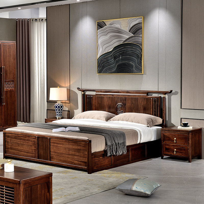 新中式实木床乌金木1.8米双人大床卧室现代简约气压高箱储物床