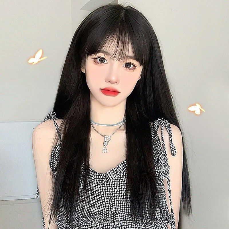 学生_lolita假发女长发网红圆脸自然逼真空气刘海黑长直发学生全头套