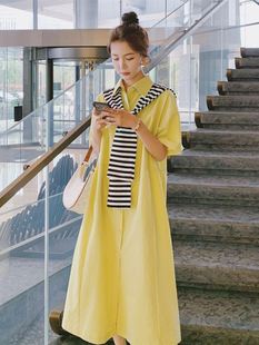 黄色连衣裙女2h021夏季新款学院风韩版时尚衬衫裙配条纹披肩两件