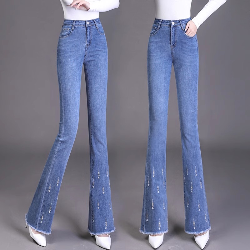 牛仔裤女2024秋季新款韩版时尚洋气钉珠微喇裤高腰显瘦毛边喇叭裤