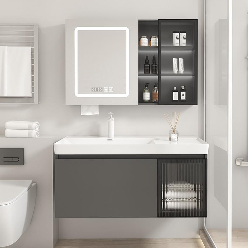 M3365灰色浴室柜组合灰色极简门右边置物加厚左盆智能镜柜