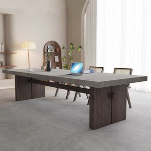 新品极简全实木办公桌工业风会议桌长桌复古仿水泥书桌原木大板工