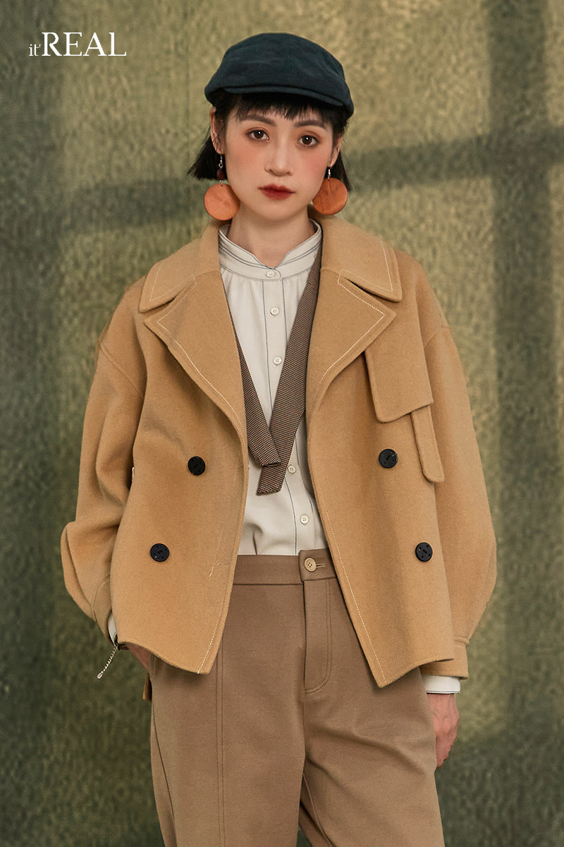 itreal瑞尔女装2022秋冬女士双面呢羊毛大衣个性设计别致呢子外套