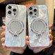 闪粉支架小镜子适用iphone16手机壳15proMAX羽纱毛冰川纹苹果13补妆镜面12炫彩保护套14plus高级感带镜头膜女