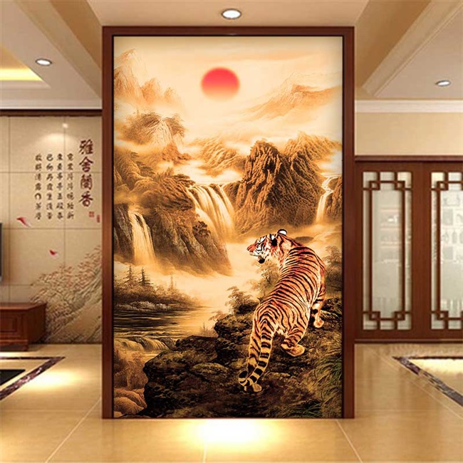 fa玄关走廊过道墙纸贴画自粘墙画中式风水屏风玻璃贴纸装饰壁画壁