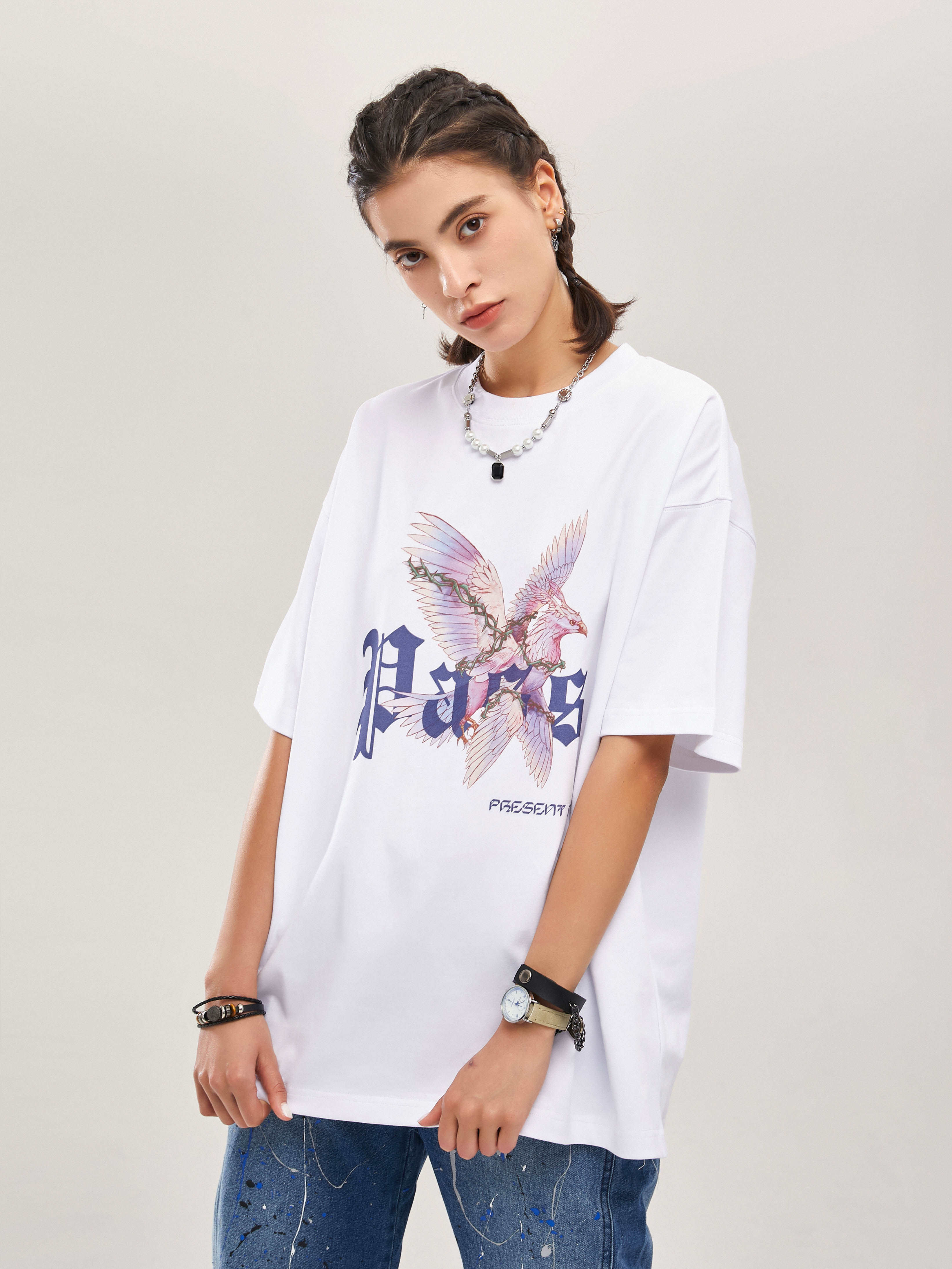 3ch夏季新款嘻哈原创渐变荆棘鸟直喷印花纯棉国潮牌短袖t恤男女装