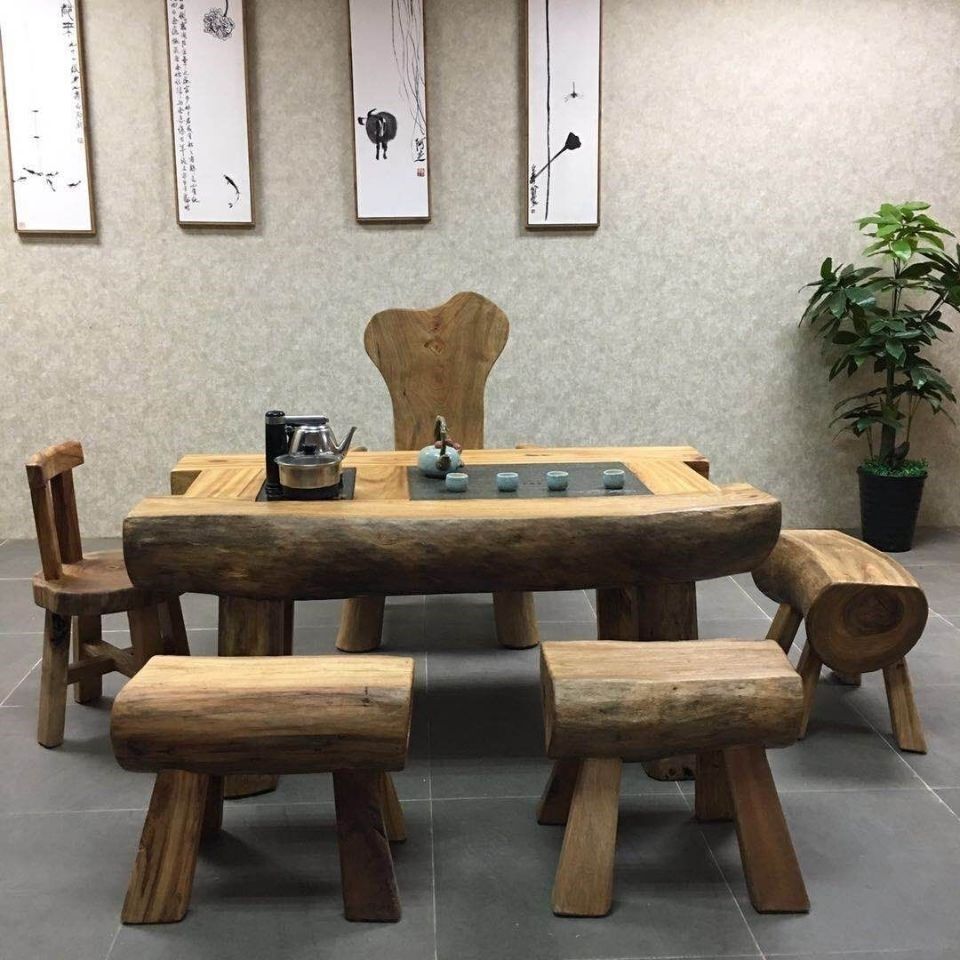 原木茶桌实木家具香樟木原生态茶台桌椅配套组合根雕茶室会所装修
