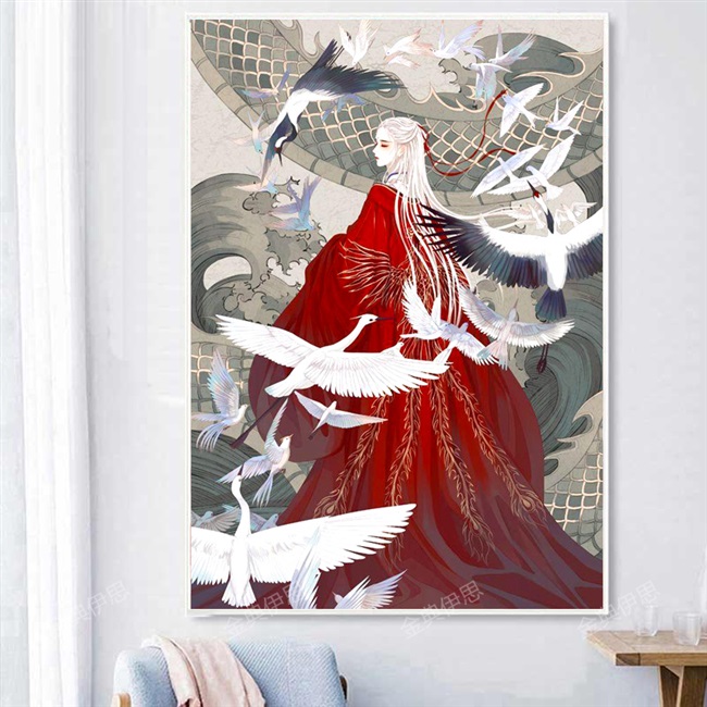 yx钻石画满钻新款2021古风唯美仙鹤人物客厅卧室5d点贴钻十字绣简