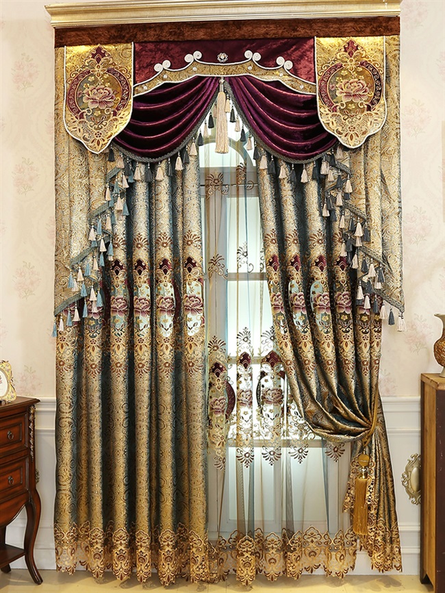 jh欧式窗帘宫廷豪华客厅奢华大气高档金色镂空绣花成品布帘纱帘新