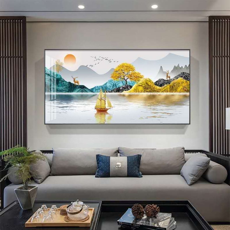 客厅装饰画现代简约沙发背景墙画新中式壁画挂画横版晶瓷九鱼图鹿
