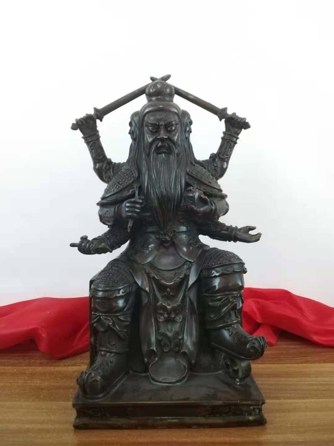 纯铜三头六臂祝融火王爷铜像火德真君神像火神爷寺庙家居桌面摆件