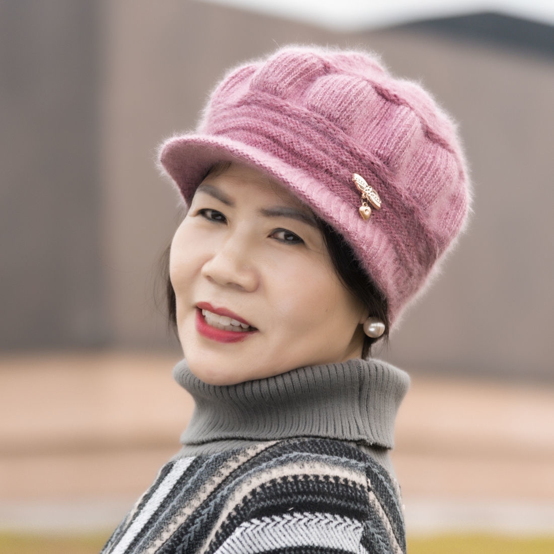 妈妈冬天戴的帽子冬季中老年南瓜帽女款加绒加厚针织帽檐毛线套帽