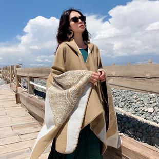 民族风披肩女云南丽江新疆西藏沙漠旅游拍照毯子红色连帽斗篷披风