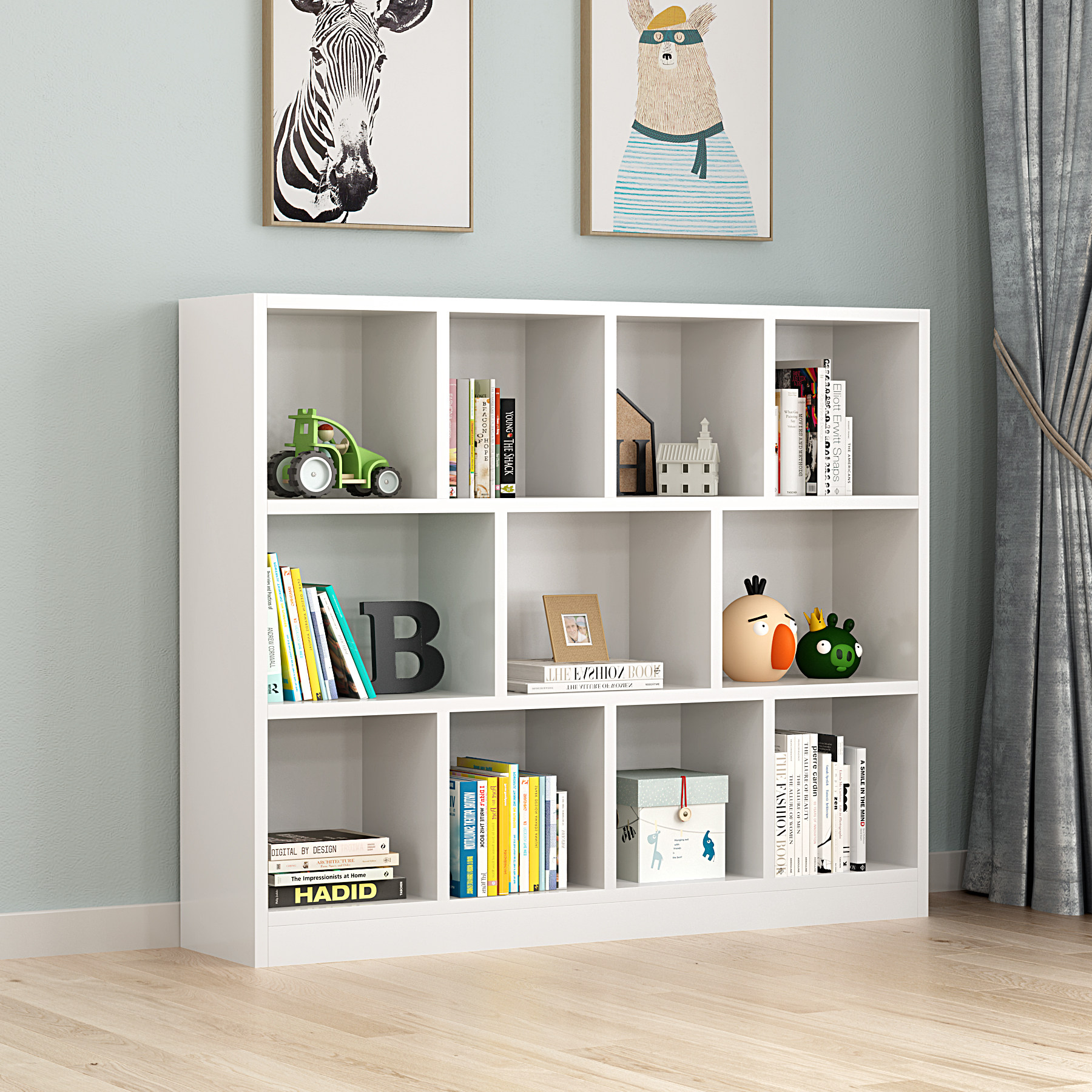 儿童书架落地卧室阳台储物柜宝宝白色简易空格置物架靠墙实木书柜