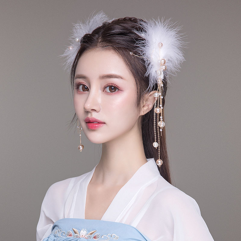 汉服头饰女古风发饰儿童仙气羽毛发夹全套古装发鬓直播发型配饰品