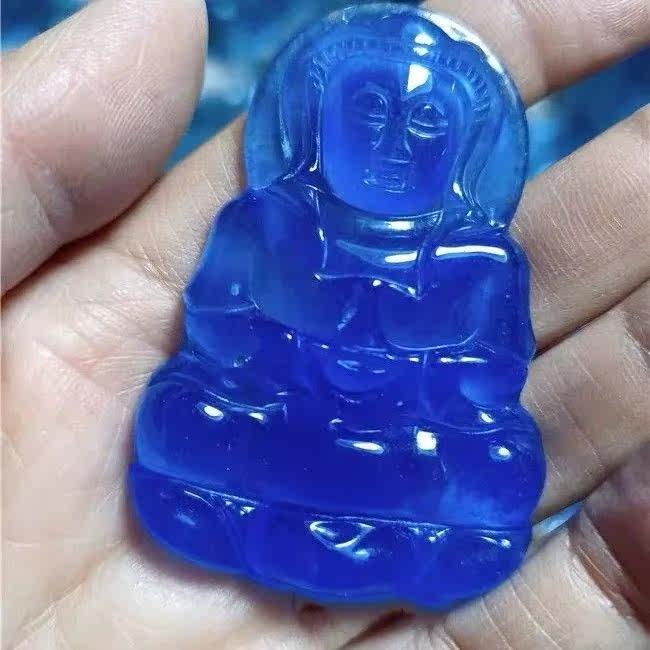 天然缅甸老坑a货翡翠冰种观音吊坠男女款蓝色妖姬合手观音挂件