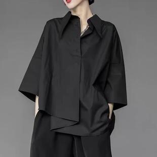 日系小众不对称黑色衬衫女夏季宽松时髦个性高级设计感七分袖上衣